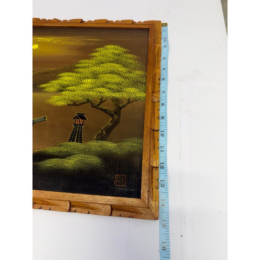 Satin/Cloth Painting mountain moonlight lantern Painting Signed 18" X 15" - Picture 7 of 8